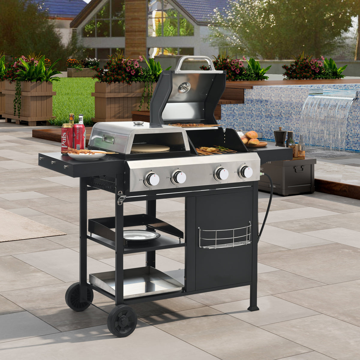 4-Burner Gas Grill and Griddle Combo with Pizza Pan – 2-in-1 Outdoor BBQ Cooking Station