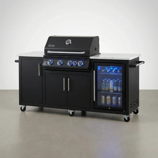 Outdoor Kitchen Island Built for Entertaining, Black Stainless Steel, 63000 BTU Grill, Built-in Refrigerator — Studio Shot