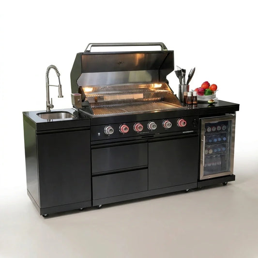 Outdoor Kitchen Island Built for Premium Entertaining, 72000 BTU 4-Burner Grill, Marine Grade Steel, Granite — Studio Shot