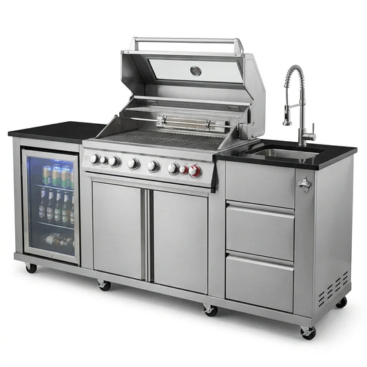 Outdoor Kitchen Island Built to Transform Your Patio, 72000 BTU 4-Burner Grill, Built-In Refrigerator, Sink — Studio Shot